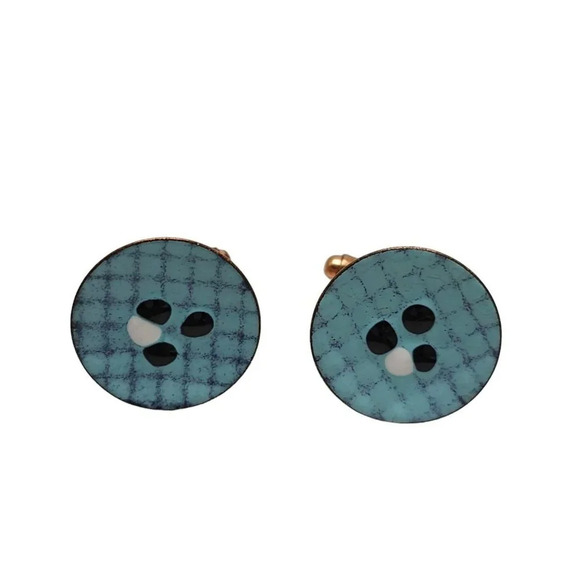 Blue Enamel Modernist Copper Round Cufflinks Vintage - Picture 1 of 4